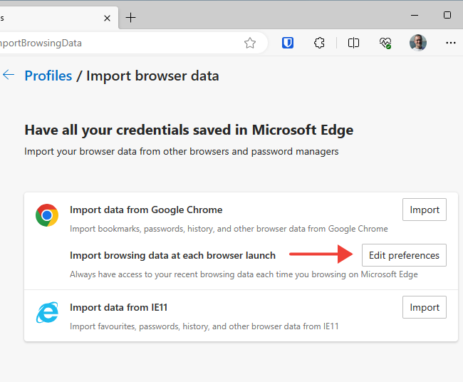 Import options in Microsoft Edge browser settings.